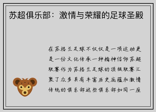 苏超俱乐部：激情与荣耀的足球圣殿