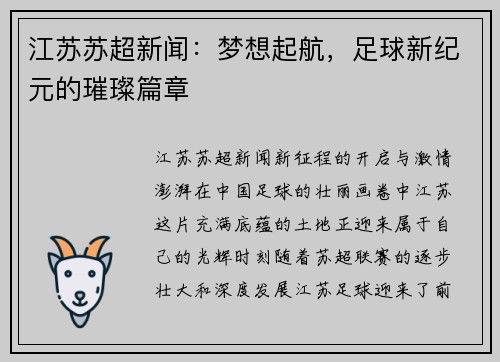 江苏苏超新闻：梦想起航，足球新纪元的璀璨篇章