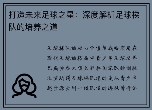 打造未来足球之星：深度解析足球梯队的培养之道